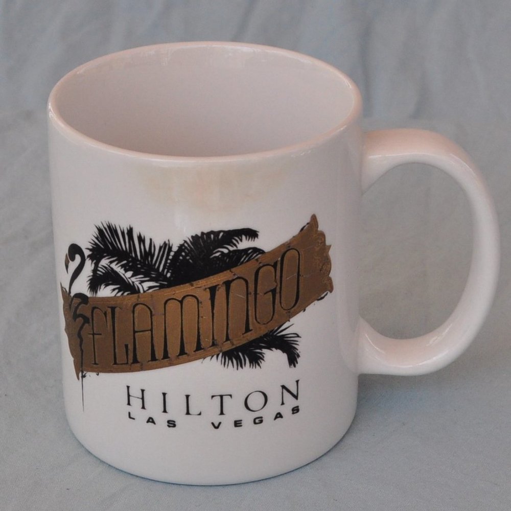 *BOGO mugs* 12 oz Flamingo Hilton Hotel Las Vegas retro gold tone (560w)